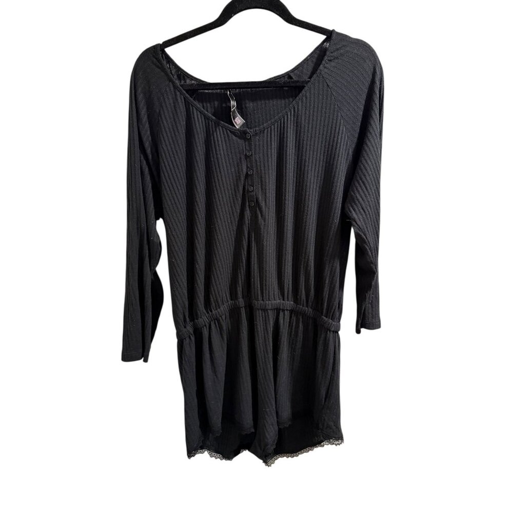 Victorias Secret Black Ribbed Button-Up Romper With Lace Hem L/XL
